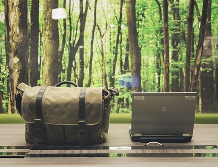 A bag and a laptop on a green forest background