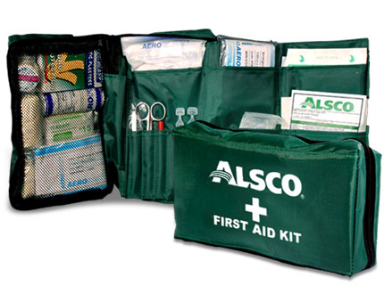 Alsco green first aid kit full of medical supplies