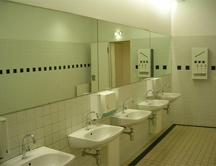 clean washroom with warm lighting
