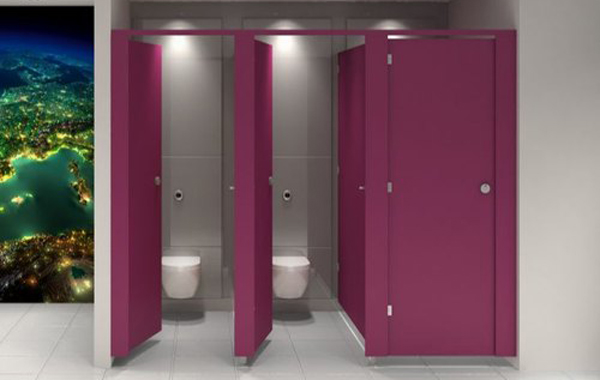 fuchsia pink colour toilet door with clean white floor